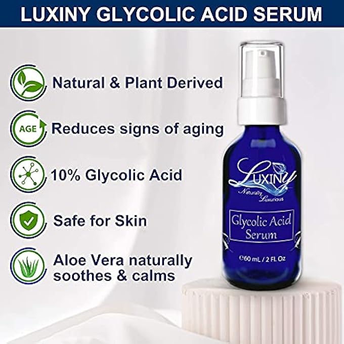 Luxiny GLYCOLIC ACID SERUM, AN ANTI AGING SERUM AND FACIAL EXFOLIATOR TO HELP EVEN SKIN TONE & REDUCE WRINKLES, A VEGAN SKIN CARE FACIAL SERUM WITH SOOTHING ALOE - FOR ALL SKIN TYPES, 2 OZ. - Image 2